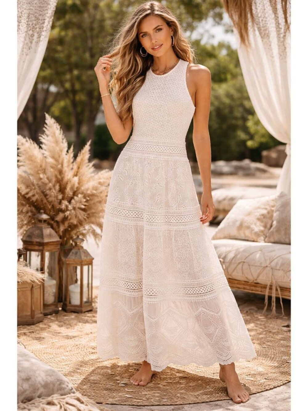Sundance Ivory Lace Maxi Dress Boho Sleeveless Size S
